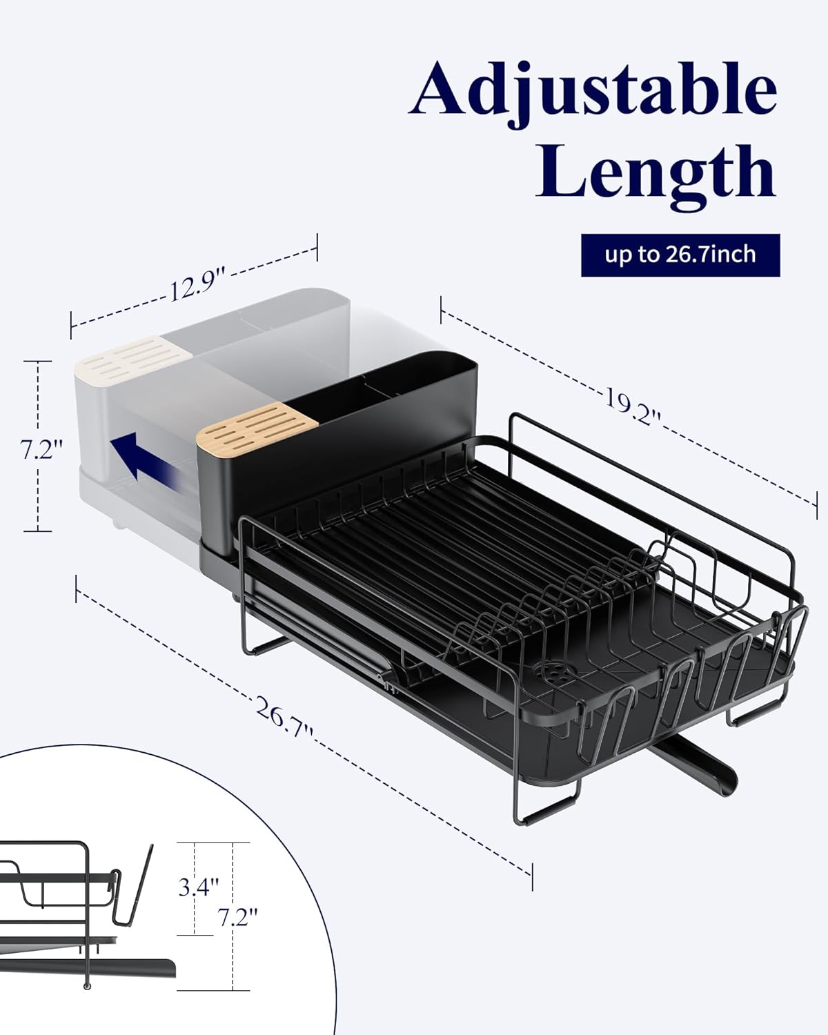 Kitsure Large Dish Drying Rack - Extendable Dish Rack. Multifunctional Dish Rack for Kitchen Counter. Anti-Rust Dish Drainers with Cutlery & Cup Holders 19.2-26.7 L x 12.9 W. Black