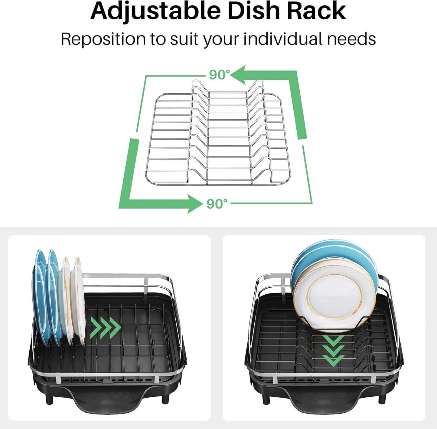 SNTD Dish Drying Rack. Expandable Dish Rack for Kitchen Counter. Stainless Steel Dish Drainer with Drainboard Set and Utensil Holder (Black)