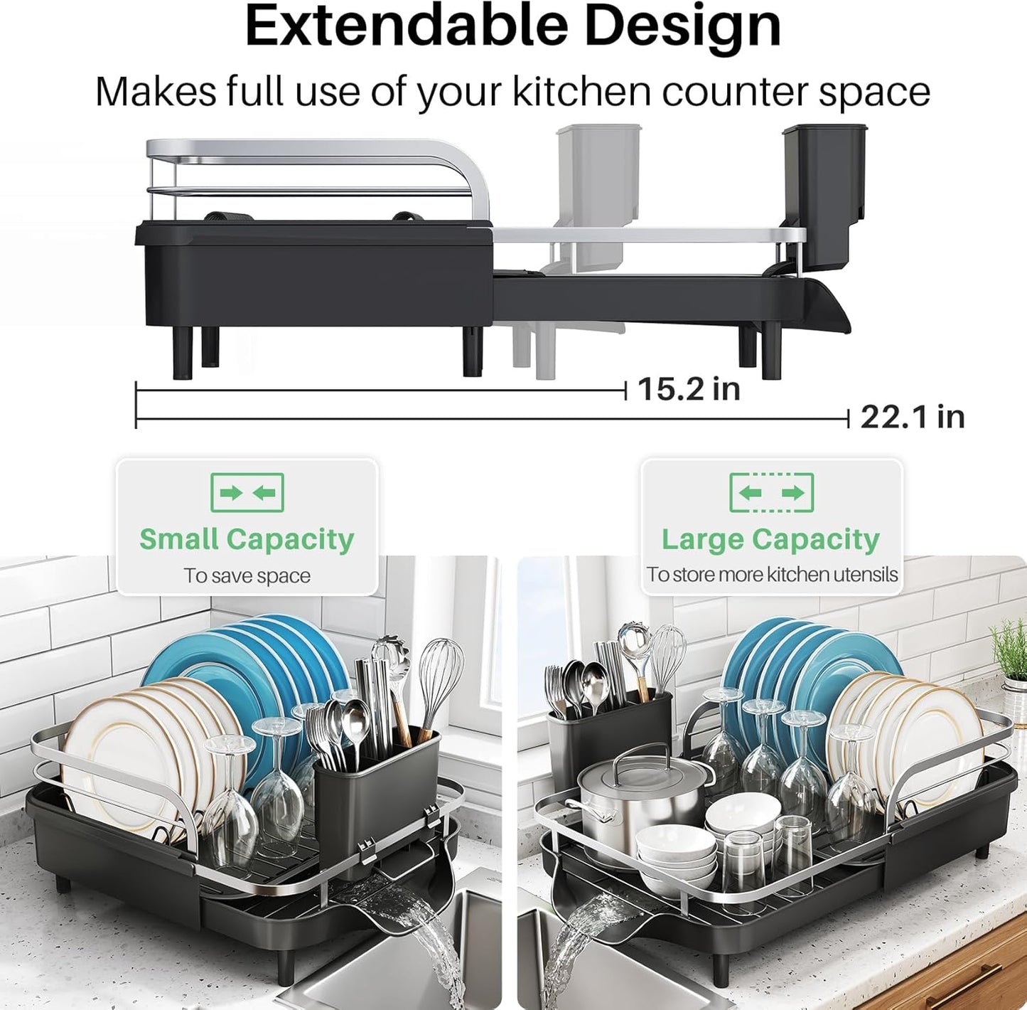 SNTD Dish Drying Rack. Expandable Dish Rack for Kitchen Counter. Stainless Steel Dish Drainer with Drainboard Set and Utensil Holder (Black)