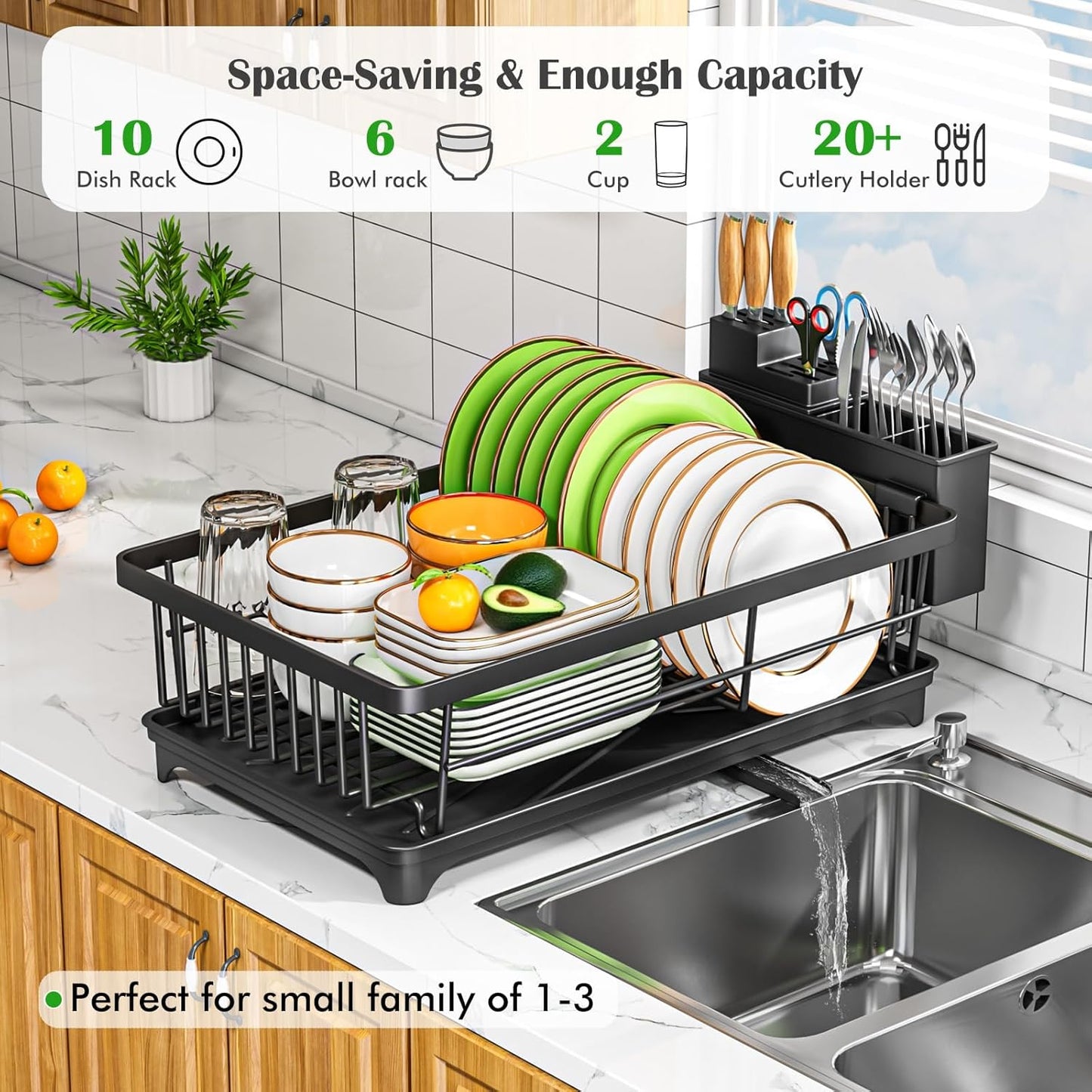 Dish Drying Rack - Space-Saving Small Dish Rack for Kitchen Counter. Rust-Resistant Kitchen Drying Rack. Compact Dish Drainer Organizer with Utensil Holder for Home Kitchen. Black