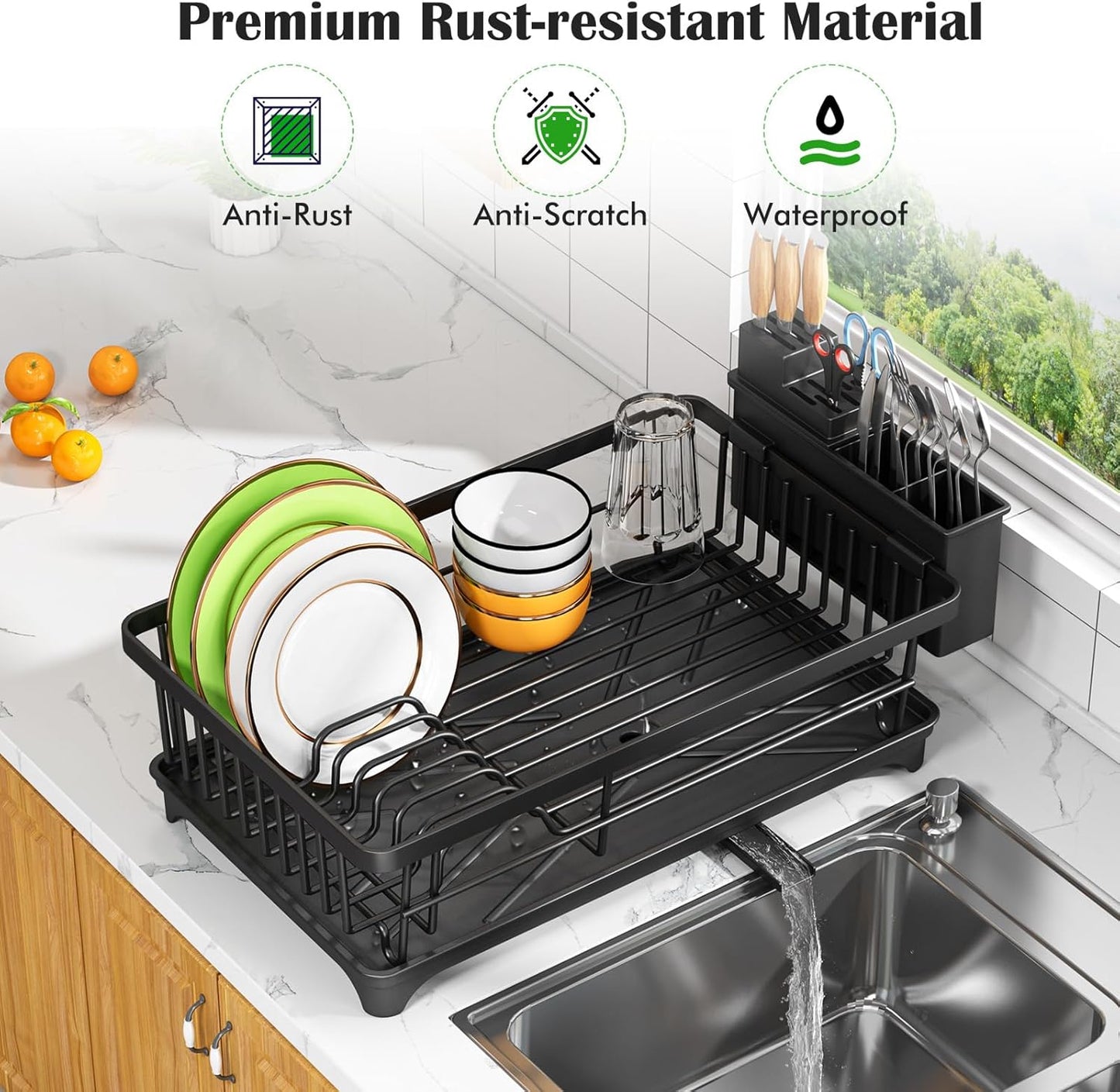 Dish Drying Rack - Space-Saving Small Dish Rack for Kitchen Counter. Rust-Resistant Kitchen Drying Rack. Compact Dish Drainer Organizer with Utensil Holder for Home Kitchen. Black