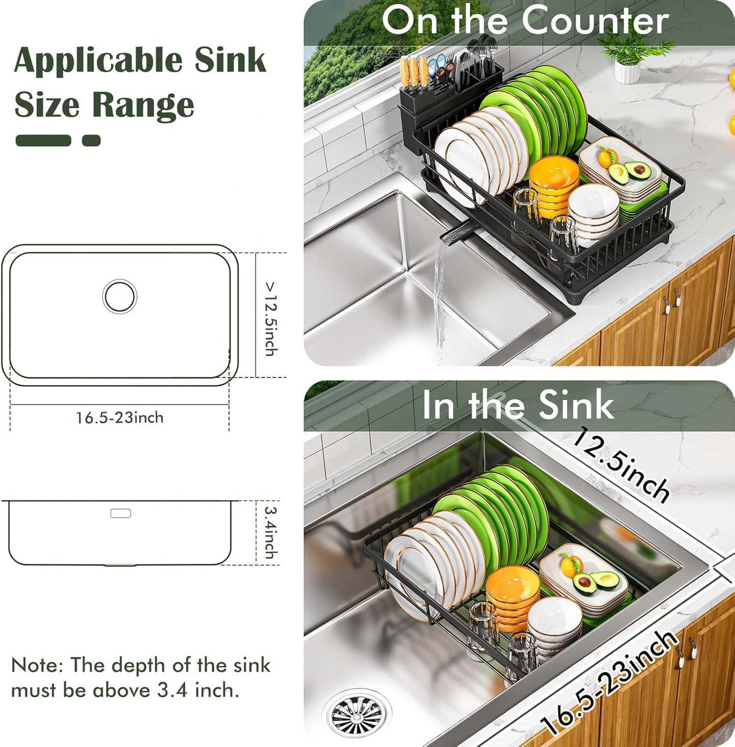 Dish Drying Rack - Space-Saving Small Dish Rack for Kitchen Counter. Rust-Resistant Kitchen Drying Rack. Compact Dish Drainer Organizer with Utensil Holder for Home Kitchen. Black