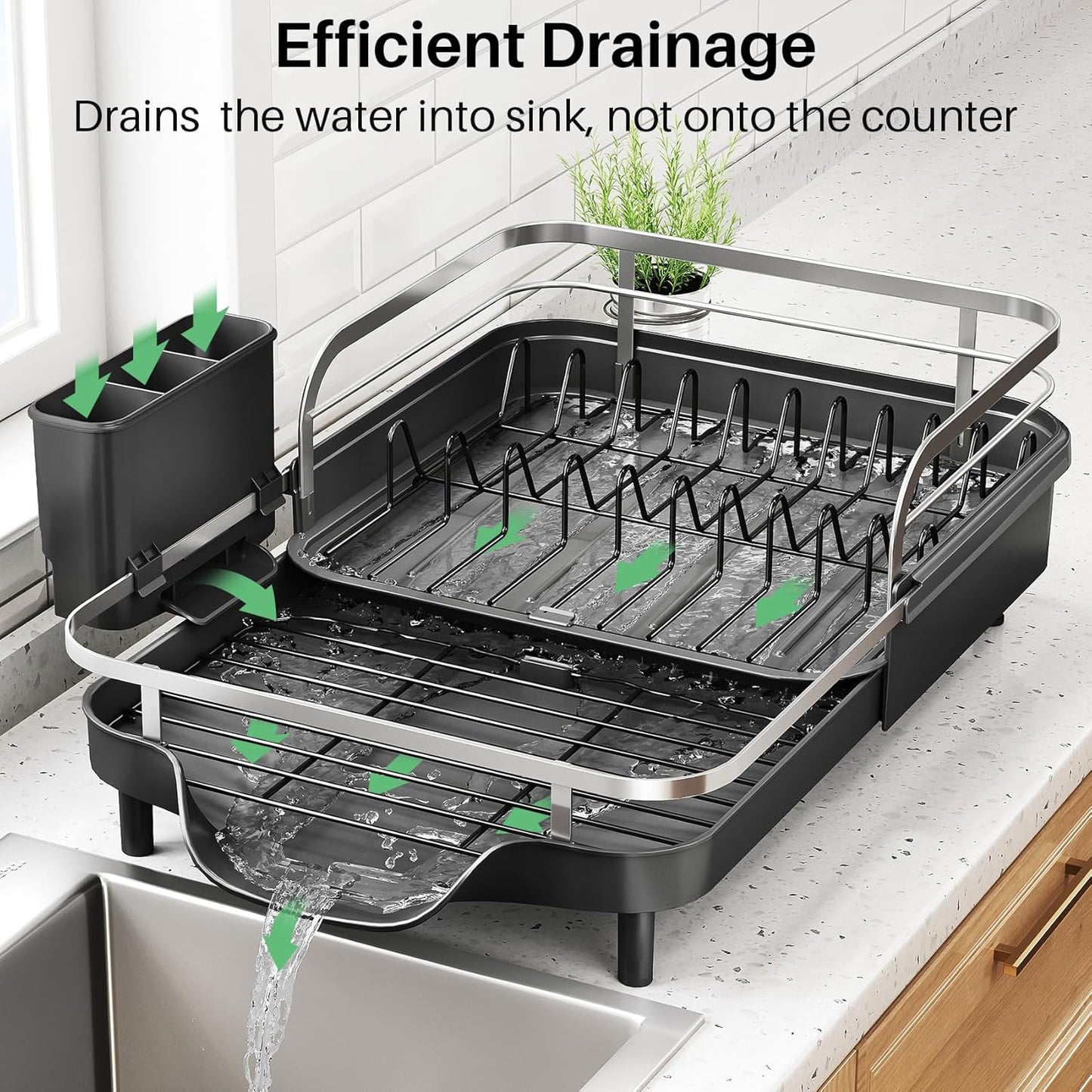 SNTD Dish Drying Rack. Expandable Dish Rack for Kitchen Counter. Stainless Steel Dish Drainer with Drainboard Set and Utensil Holder (Black)