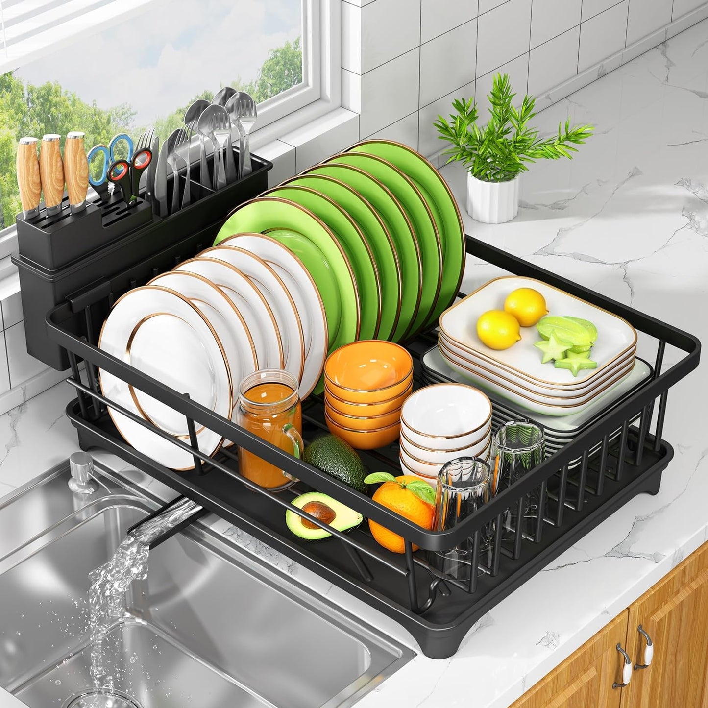 Dish Drying Rack - Space-Saving Small Dish Rack for Kitchen Counter. Rust-Resistant Kitchen Drying Rack. Compact Dish Drainer Organizer with Utensil Holder for Home Kitchen. Black
