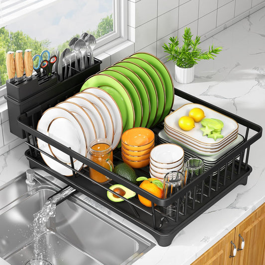 Dish Drying Rack - Space-Saving Small Dish Rack for Kitchen Counter. Rust-Resistant Kitchen Drying Rack. Compact Dish Drainer Organizer with Utensil Holder for Home Kitchen. Black